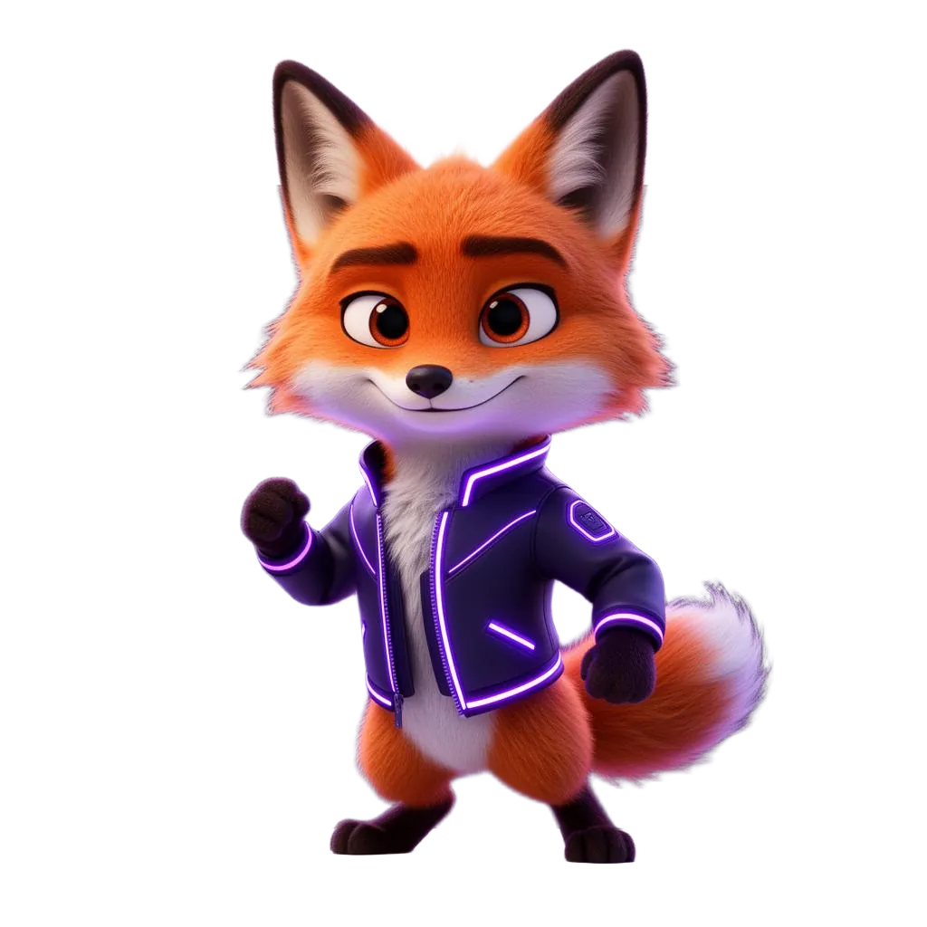Gamblix orange fox mascot wearing purple neon outfit