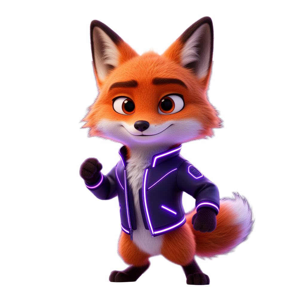 Gamblix orange fox mascot wearing purple neon outfit